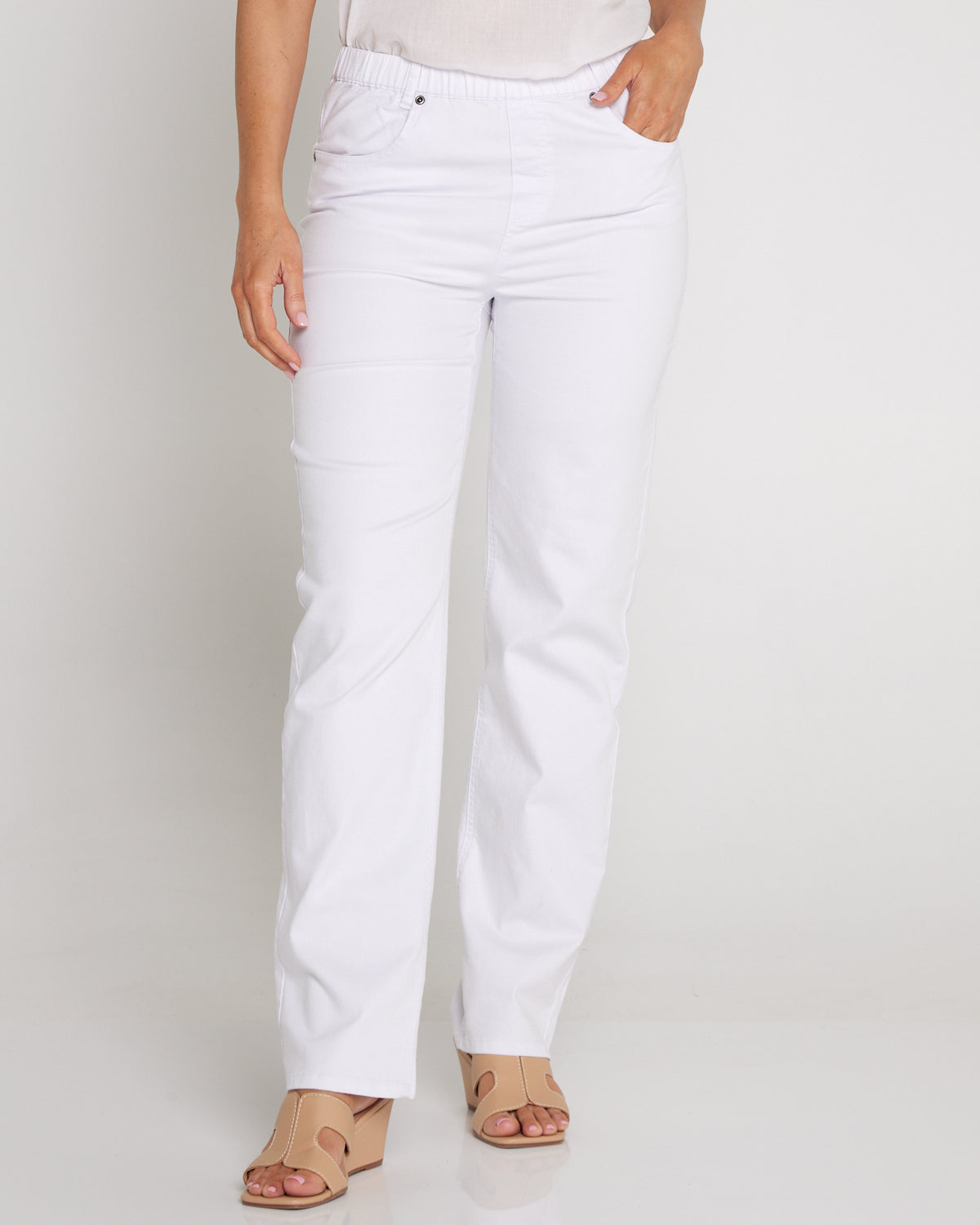 Straight Leg Pull On Stretch Jeans - White