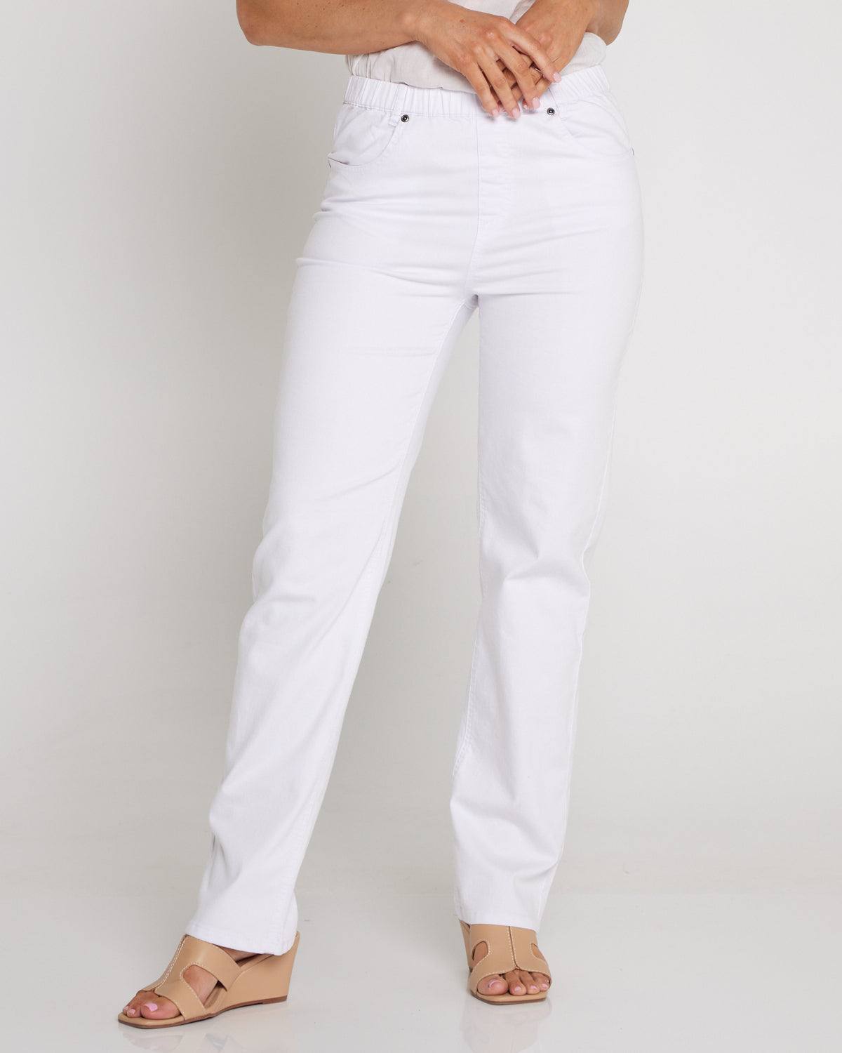 Straight Leg Pull On Stretch Jeans - White