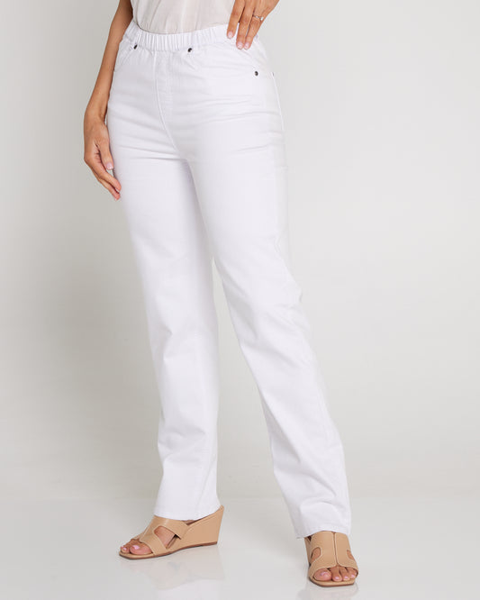 Straight Leg Pull On Stretch Jeans - White