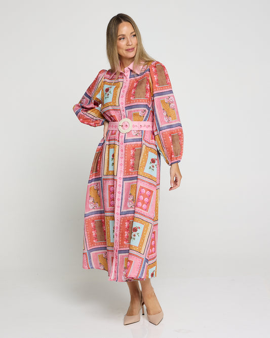 Calista Belted Shirt Dress - Pink Picnic