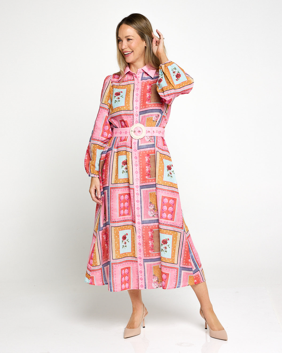 Calista Belted Shirt Dress - Pink Picnic