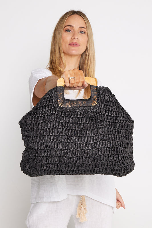 Cancun Raffia Handbag - Black