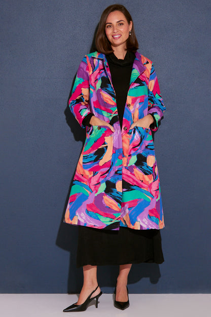 Carlton 3/4 Sleeve Fleece Lined Coat - Rainbow Swirl