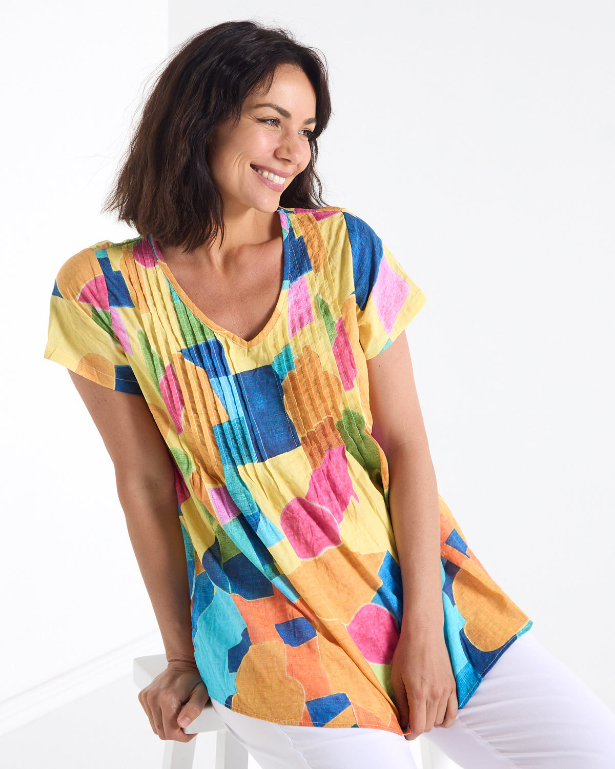 Carmody Cotton Pintuck Top - Colour Blocks