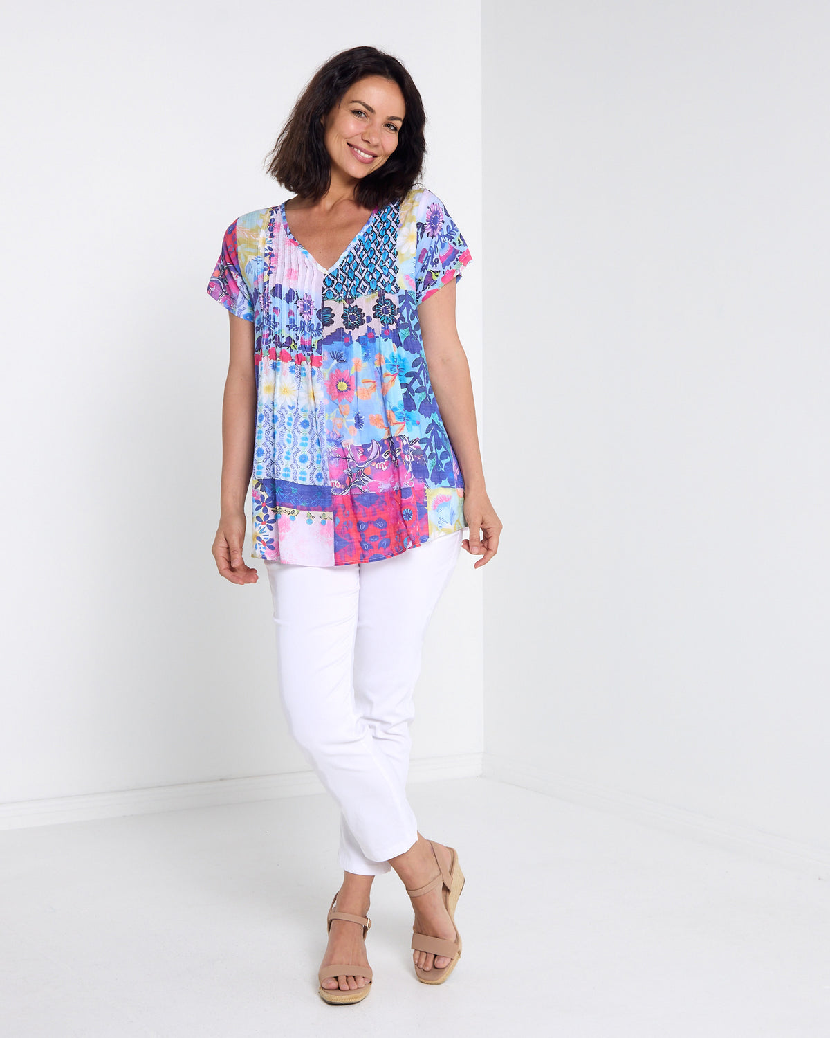 Carmody Cotton Pintuck Top - Daisy Patchwork