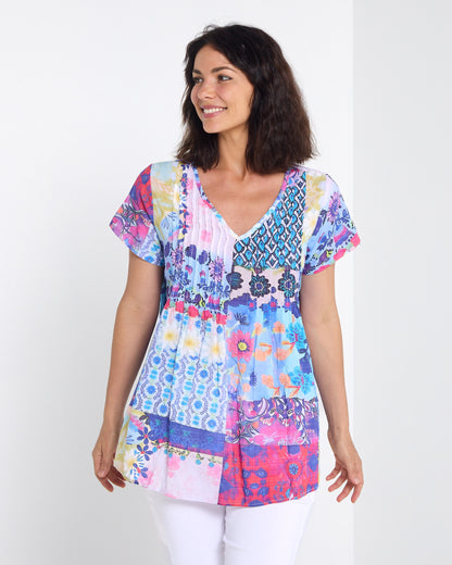 Carmody Cotton Pintuck Top - Daisy Patchwork