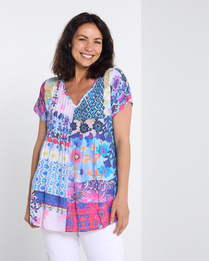 Carmody Cotton Pintuck Top - Daisy Patchwork