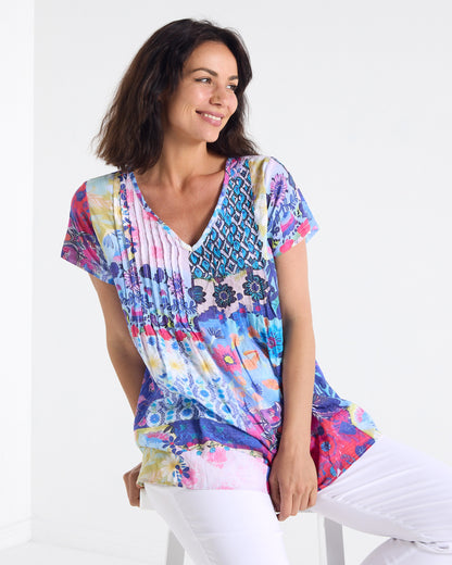 Carmody Cotton Pintuck Top - Daisy Patchwork