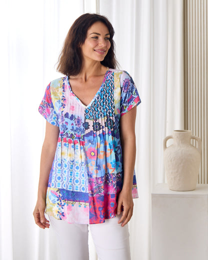 Carmody Cotton Pintuck Top - Daisy Patchwork