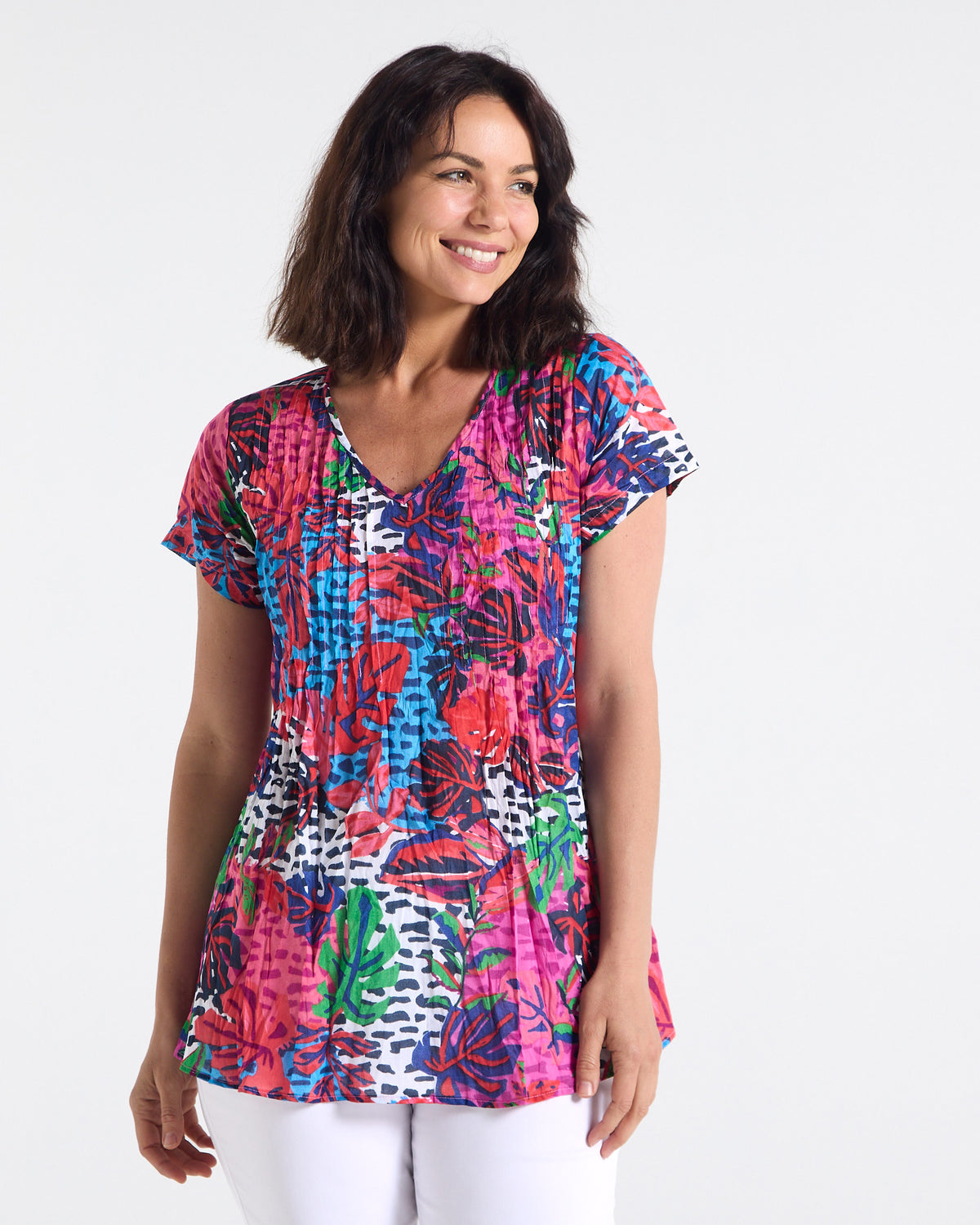 Kayla Cotton Top - Magenta Flower: front view on model