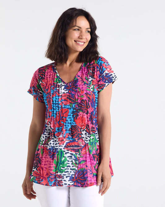 Kayla Cotton Top - Magenta Flower: front view on model