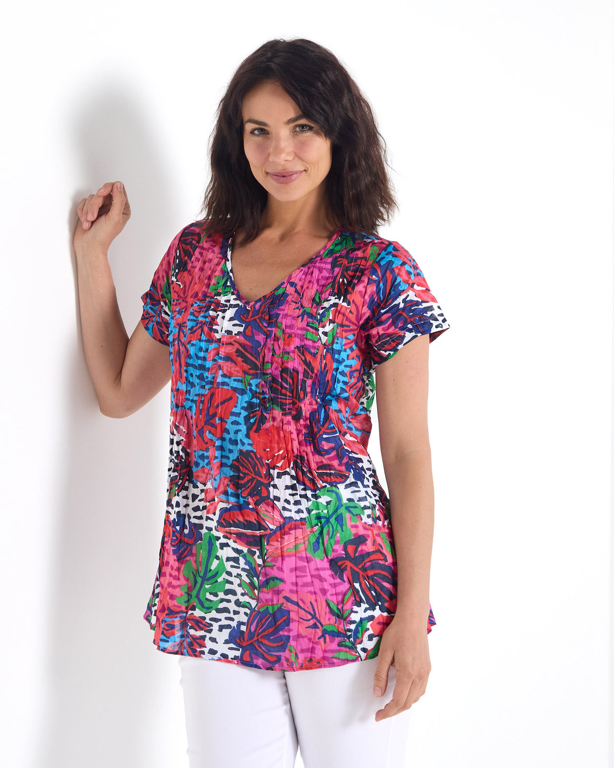 Kayla Cotton Top - Magenta Flower: styled view