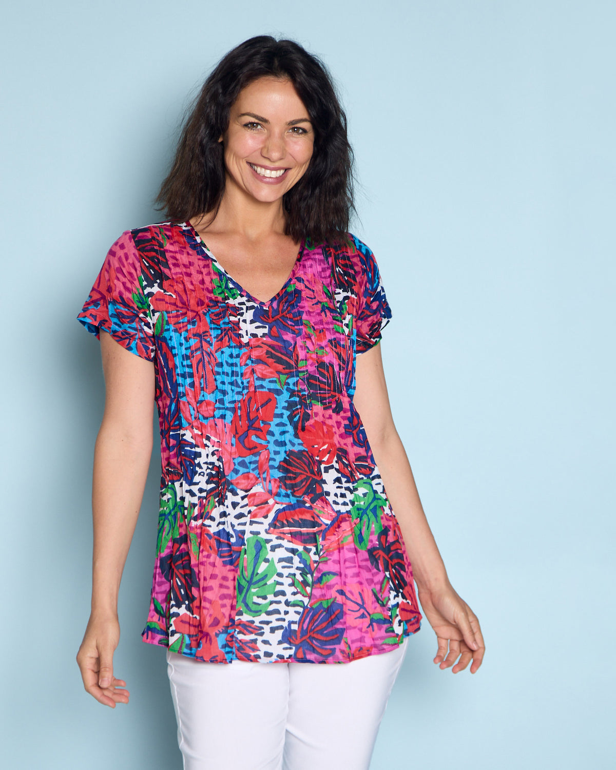 Kayla Cotton Top - Magenta Flower: styled view