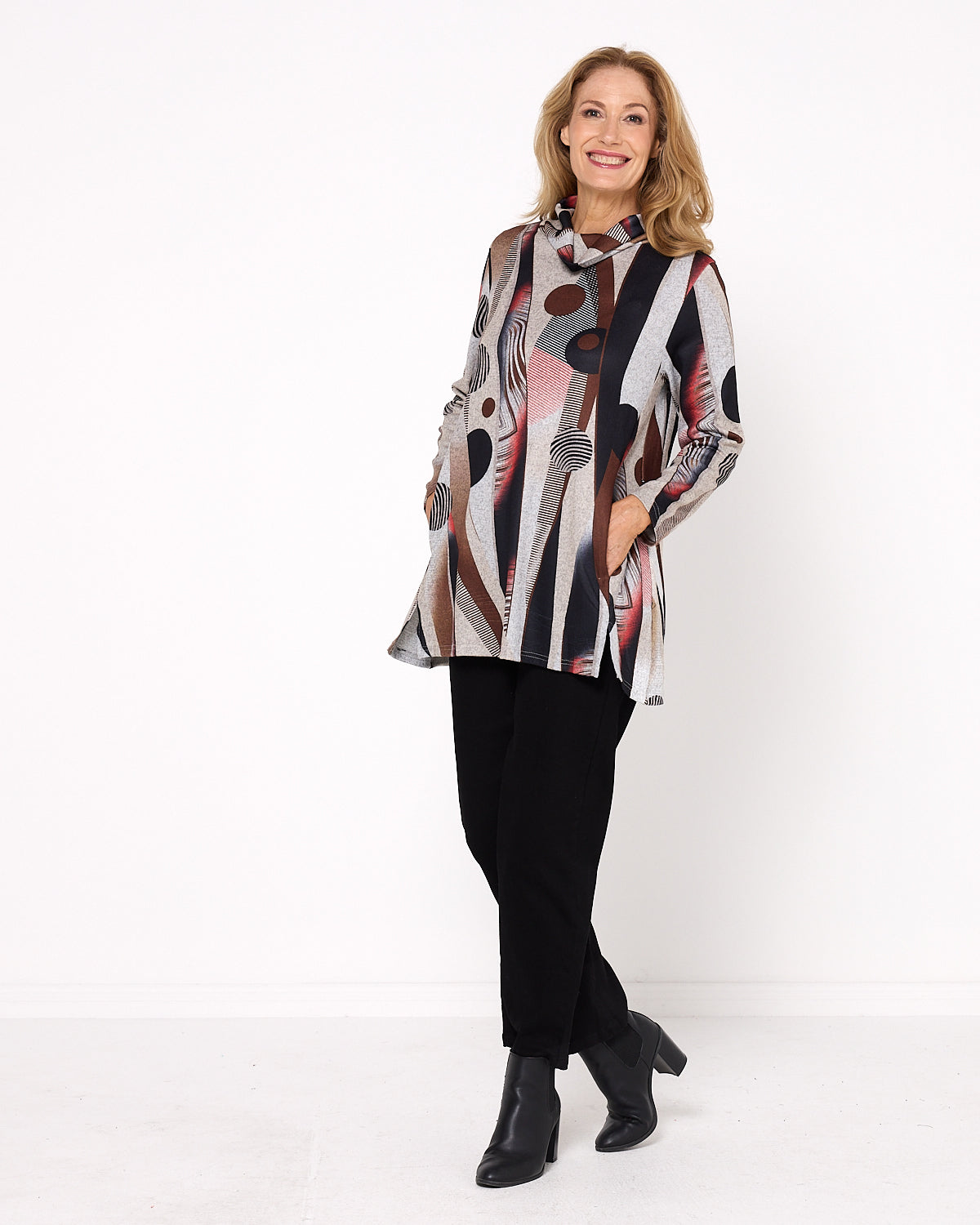 Lina Cowl Knit Tunic - Brown Abstract