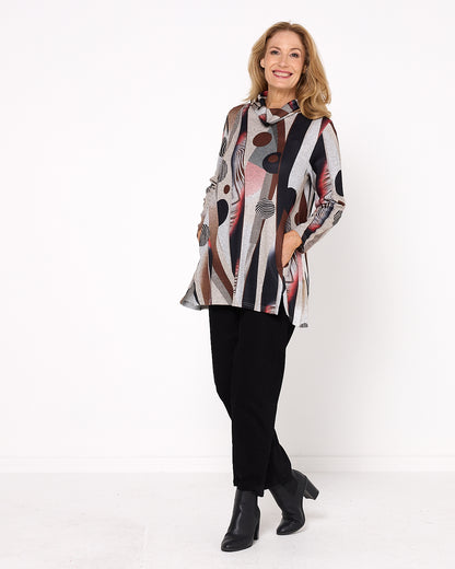 Lina Cowl Knit Tunic - Brown Abstract