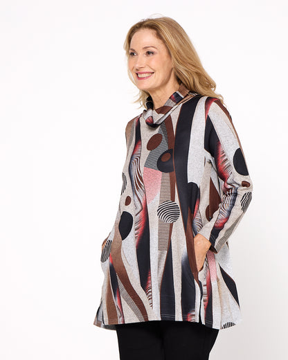 Lina Cowl Knit Tunic - Brown Abstract