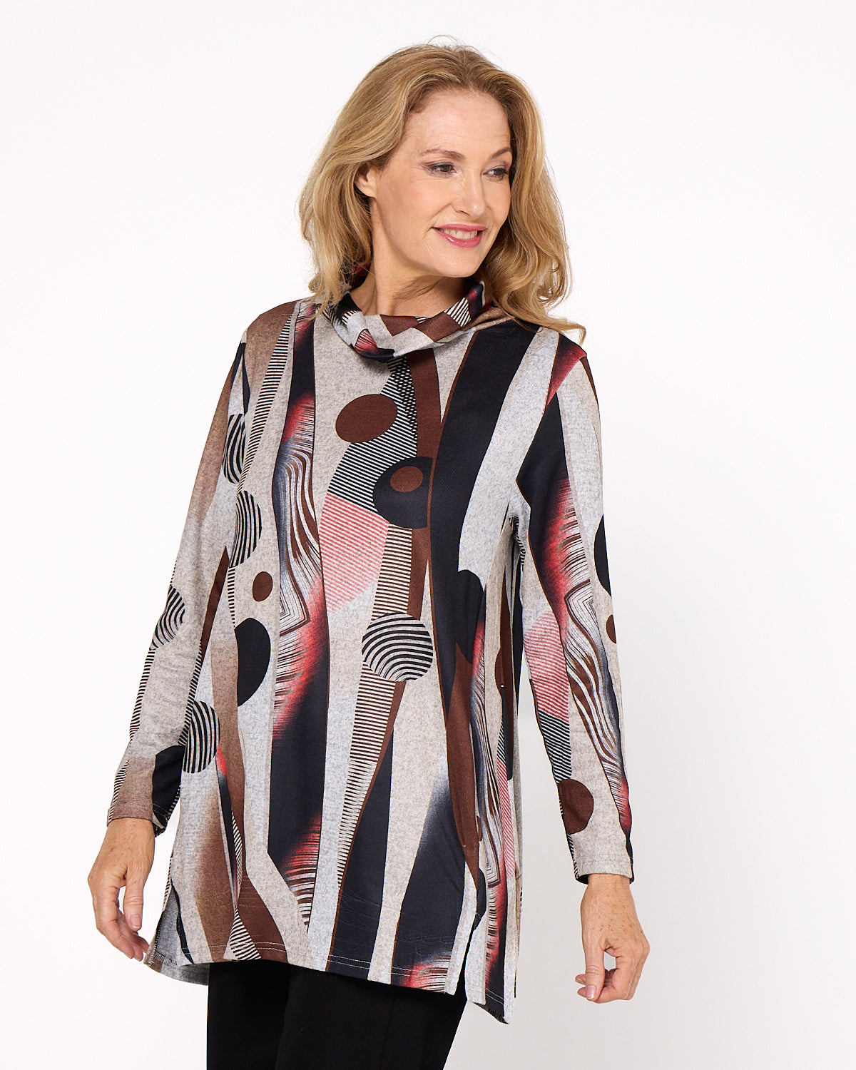 Lina Cowl Knit Tunic - Brown Abstract