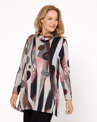 Lina Cowl Knit Tunic - Brown Abstract