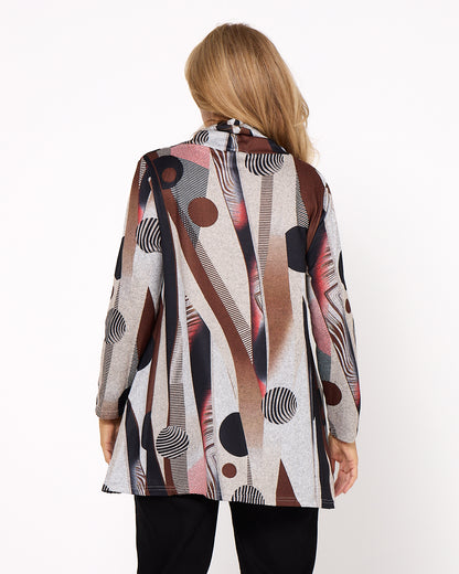 Lina Cowl Knit Tunic - Brown Abstract