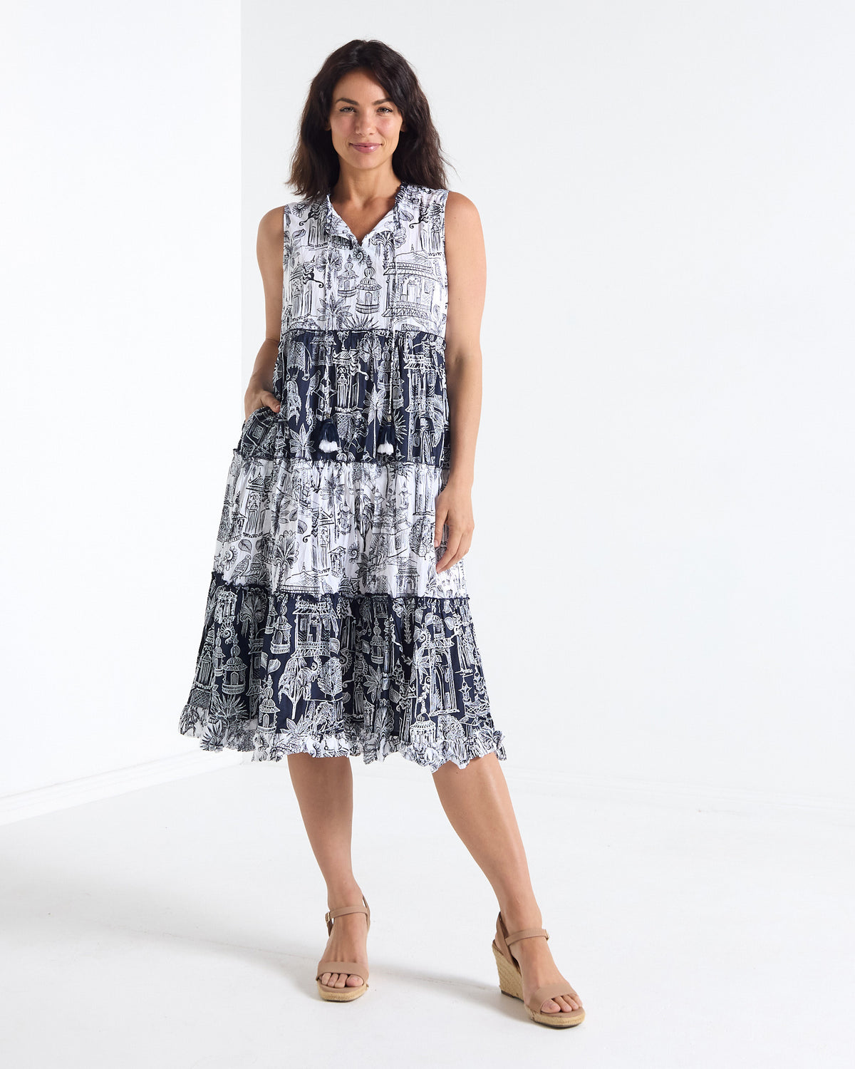 Cassis Sleeveless Cotton Dress - Navy & White
