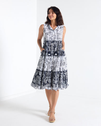 Cassis Sleeveless Cotton Dress - Navy & White