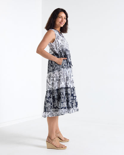 Cassis Sleeveless Cotton Dress - Navy & White