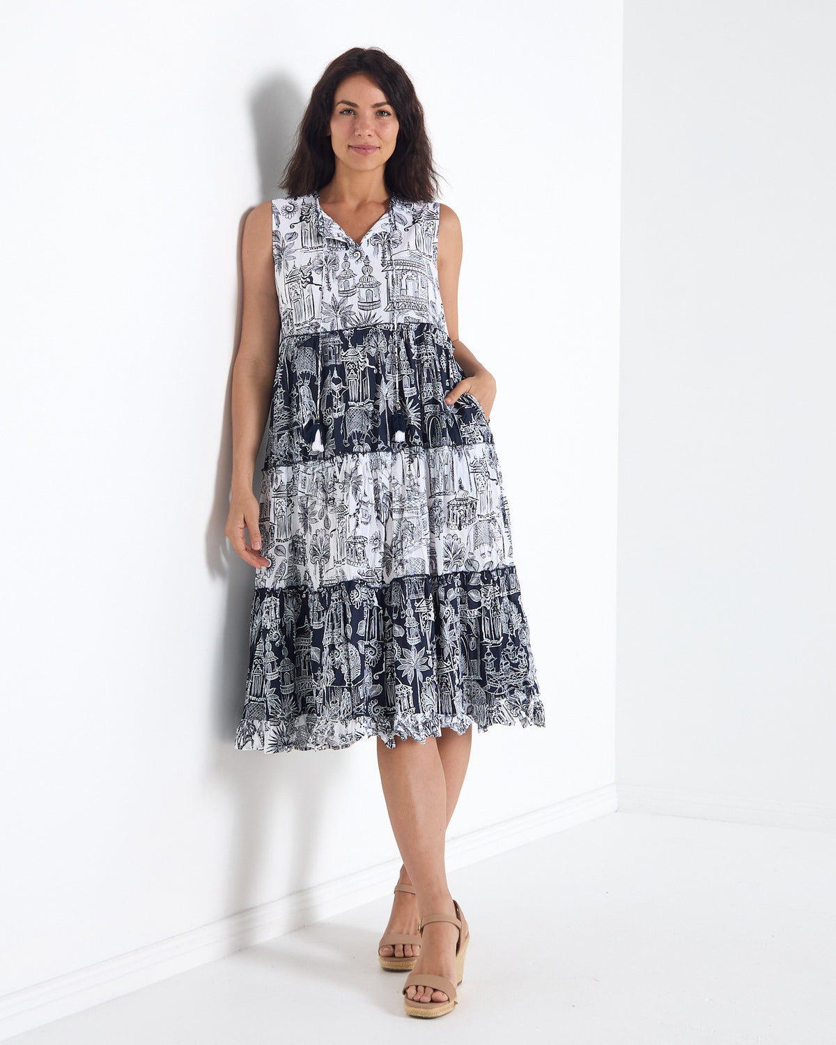 Cassis Sleeveless Cotton Dress - Navy & White