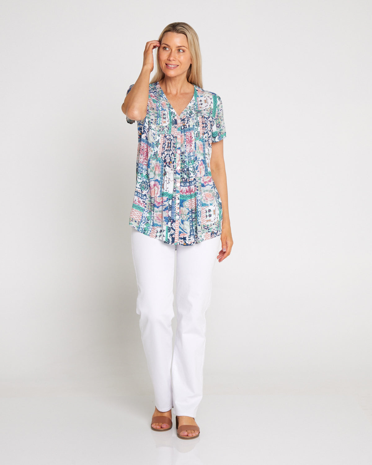 Chloe Pintuck Shirt - Peach/Sky Mosaic
