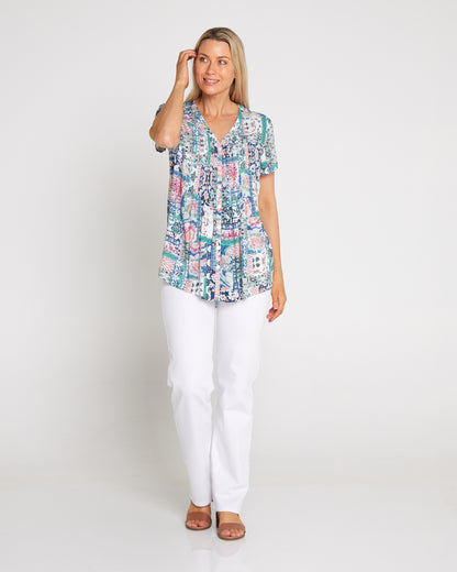 Chloe Pintuck Shirt - Peach/Sky Mosaic
