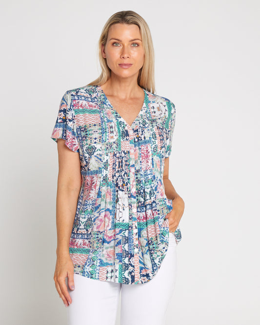 Chloe Pintuck Shirt - Peach/Sky Mosaic