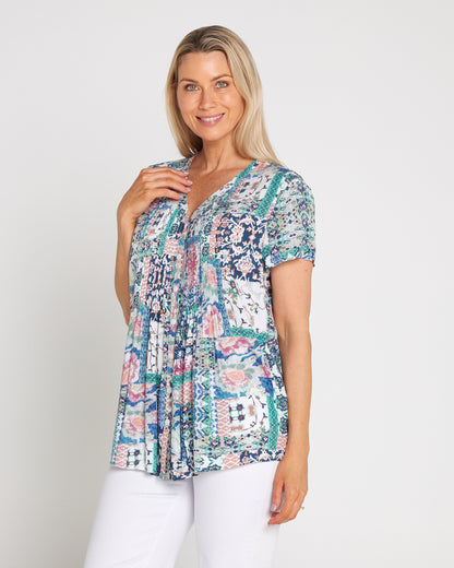 Chloe Pintuck Shirt - Peach/Sky Mosaic