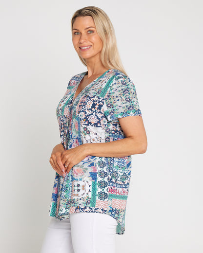 Chloe Pintuck Shirt - Peach/Sky Mosaic