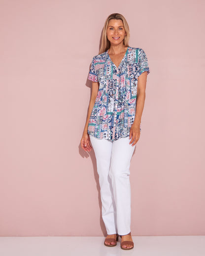 Chloe Pintuck Shirt - Peach/Sky Mosaic