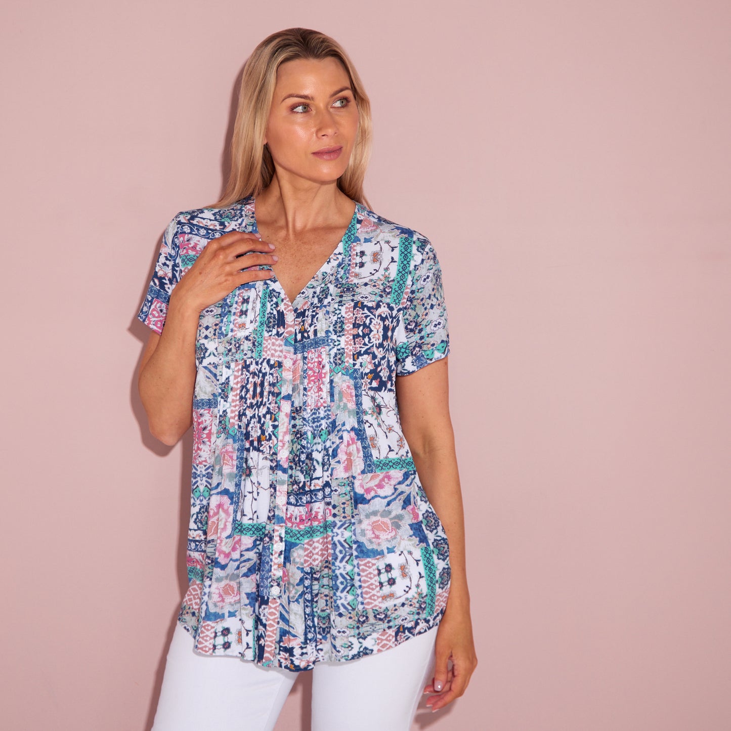 Chloe Pintuck Shirt - Peach/Sky Mosaic