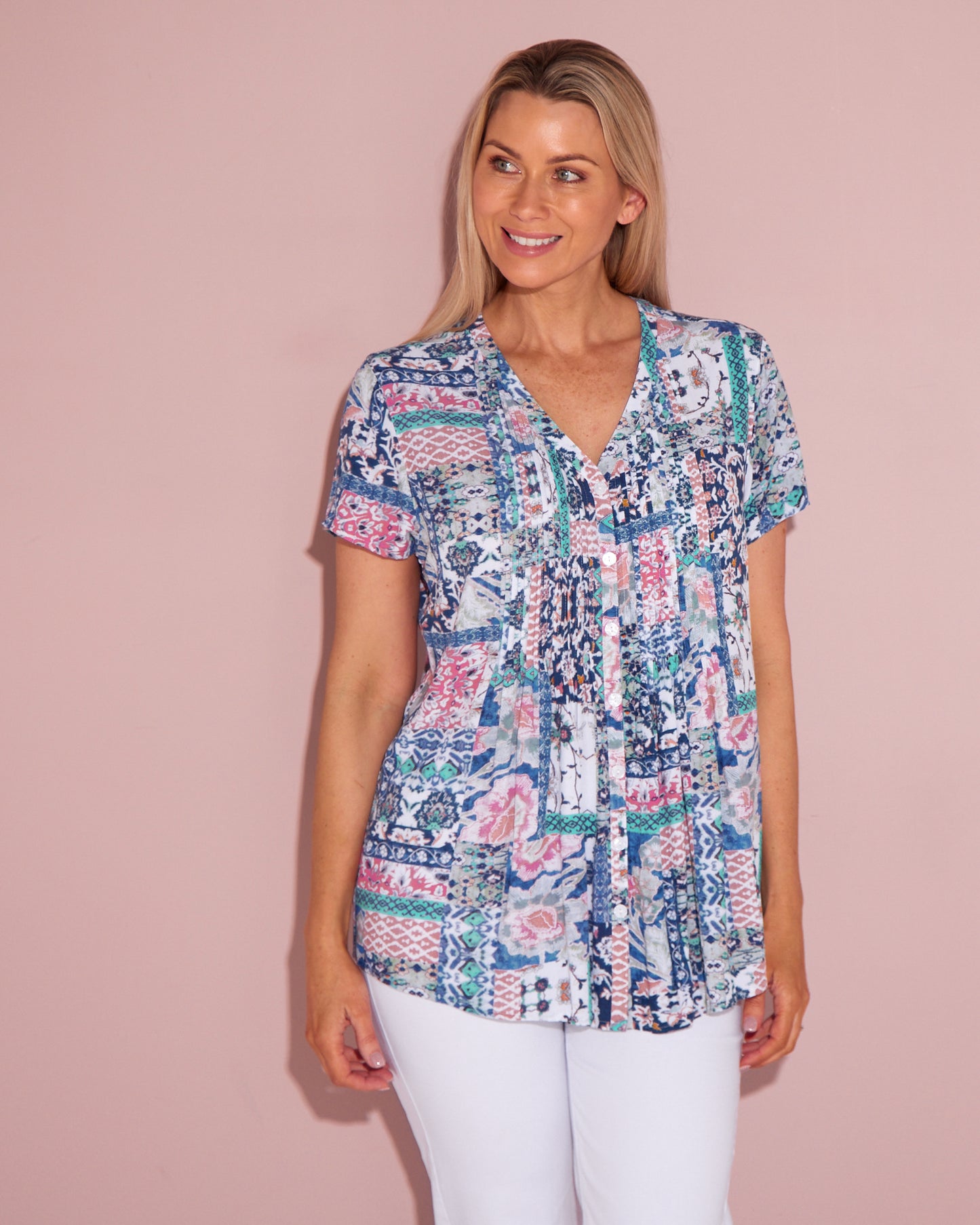 Chloe Pintuck Shirt - Peach/Sky Mosaic