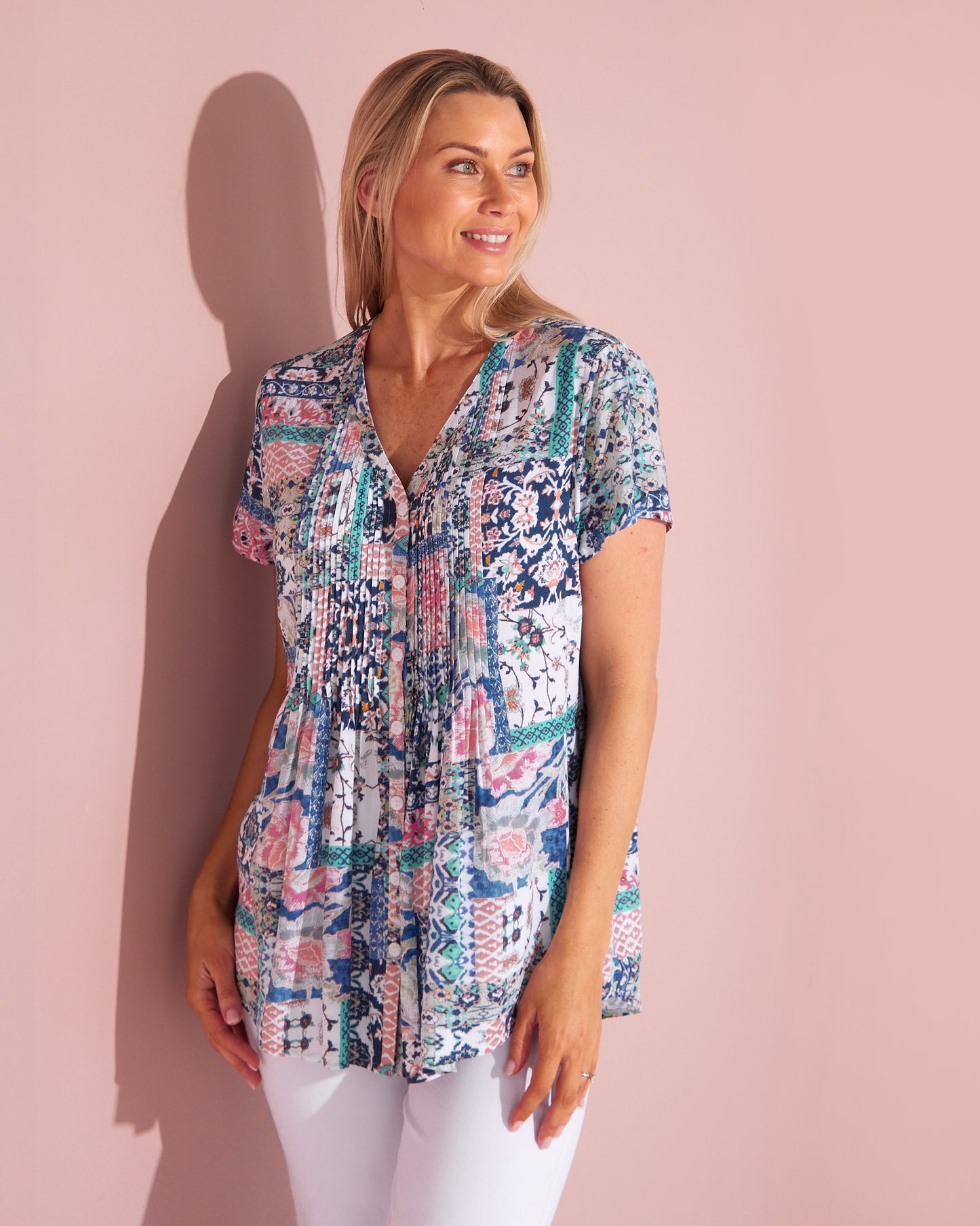 Chloe Pintuck Shirt - Peach/Sky Mosaic