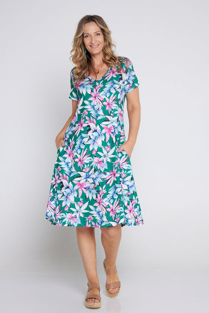 Christobel Dress - Jade/Pink Tropical Floral
