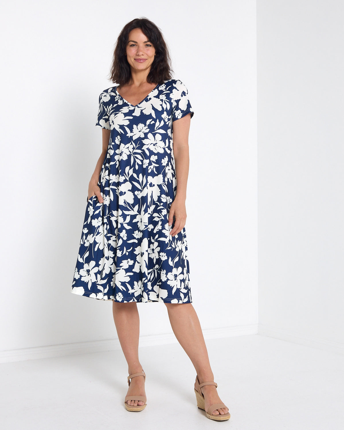 Christobel No Iron Dress - Navy Floral: front view on model