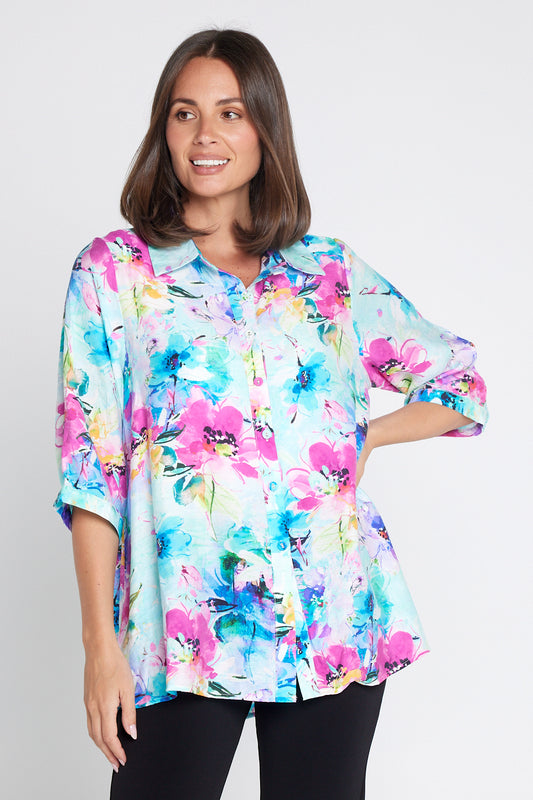 Cindy Shirt - Aqua/Magenta Floral