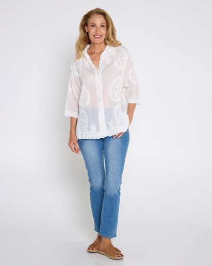 Cora Embroidered Cotton Shirt - Ivory