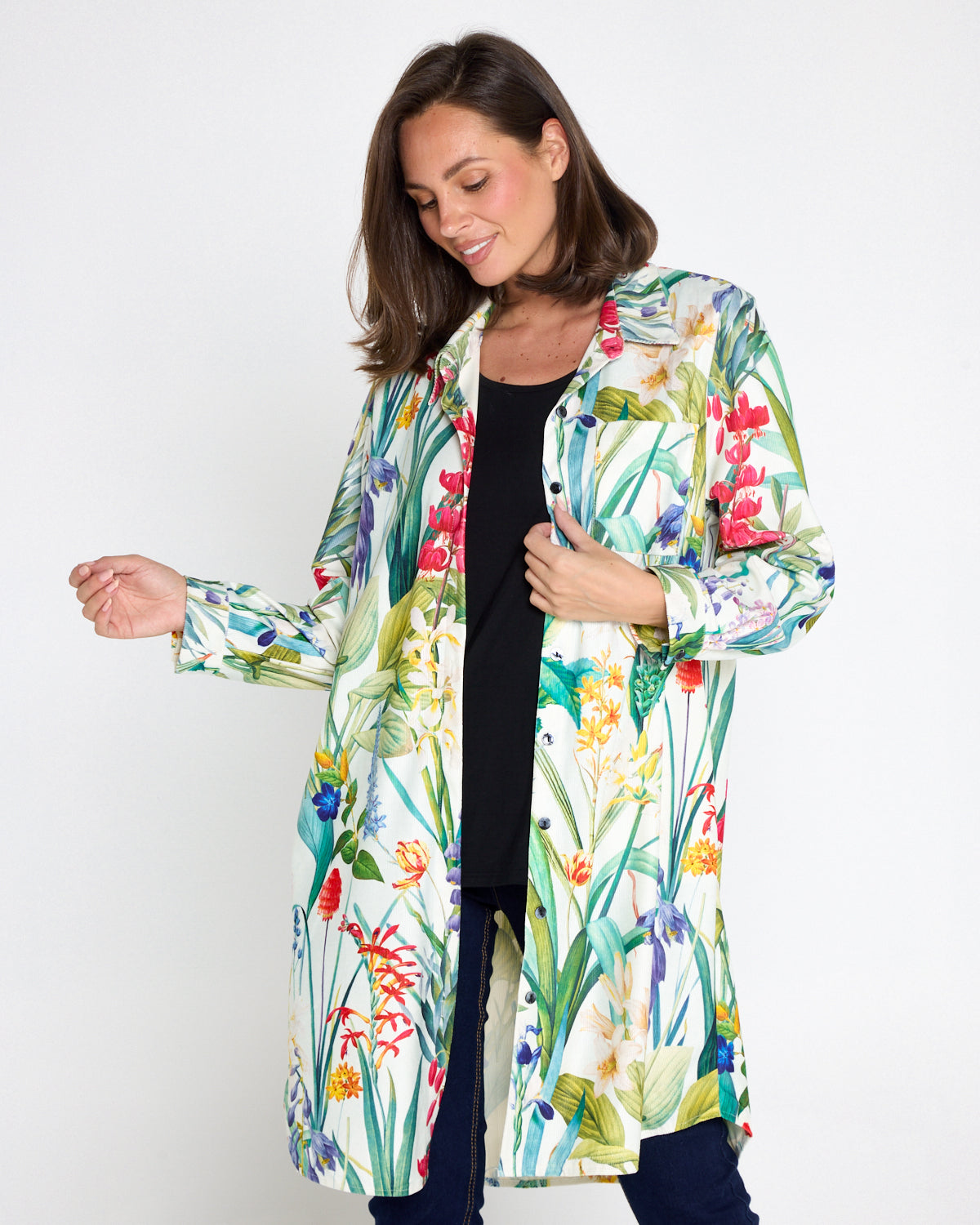 Parmila Corduroy Overshirt - Mint Floral Garden