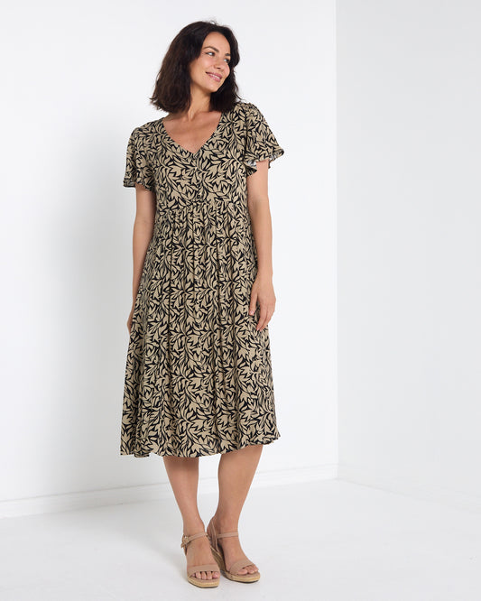 Cornwall Dress - Khaki Botanical