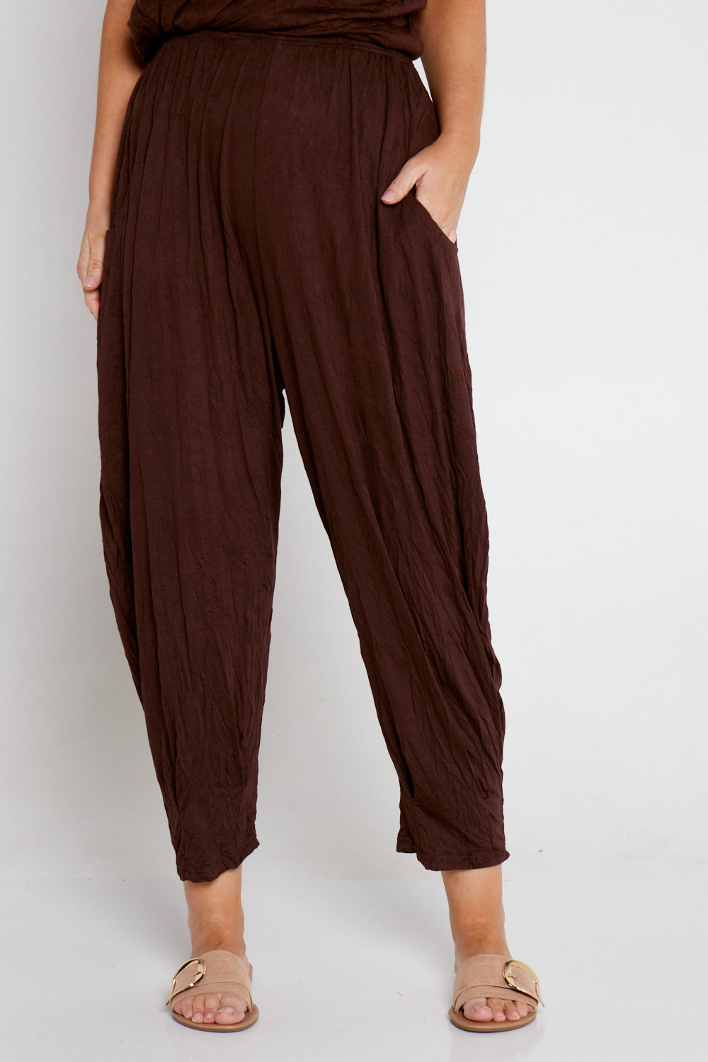 Fleece Lined Harem Pants - Plain - Brown