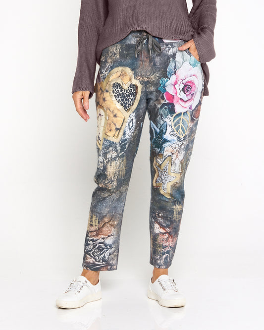 Everlee Cotton Pants - Gold Floral Collage