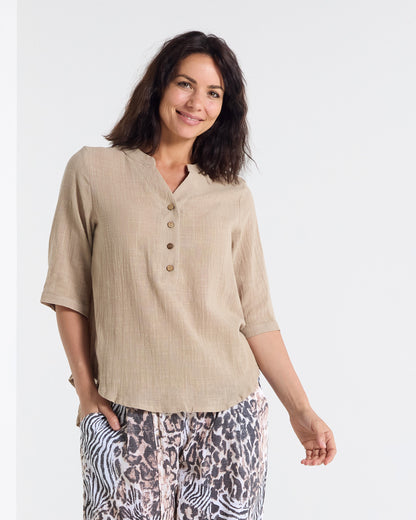 Clare Linen Blend Top - Beige