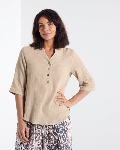 Clare Linen Blend Top - Beige