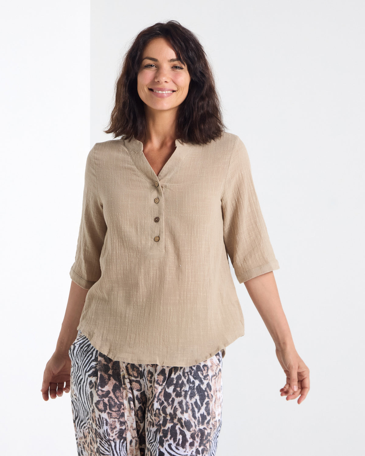 Clare Linen Blend Top - Beige