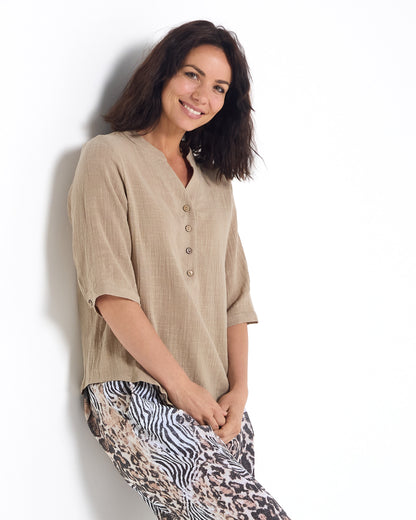 Clare Linen Blend Top - Beige