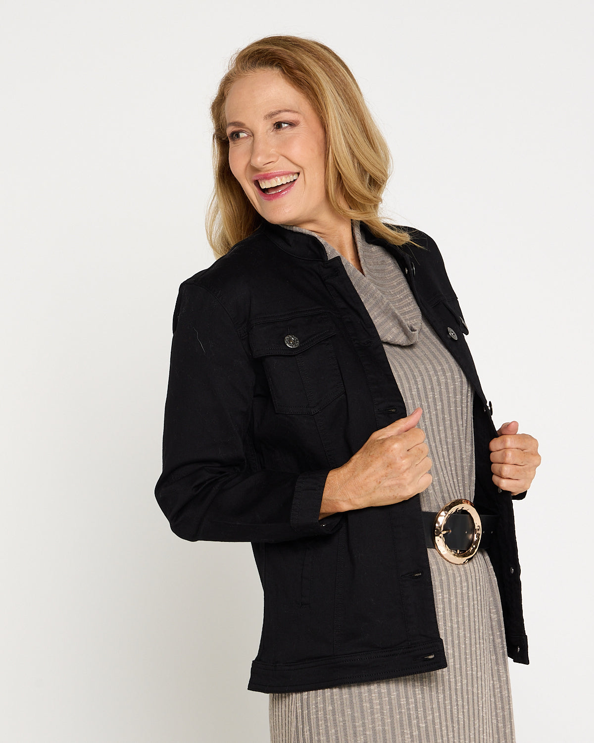 Black Cafe Latte Mandarin Collar Long Length Jean Jacket w/ Pockets – TULIO  Fashion