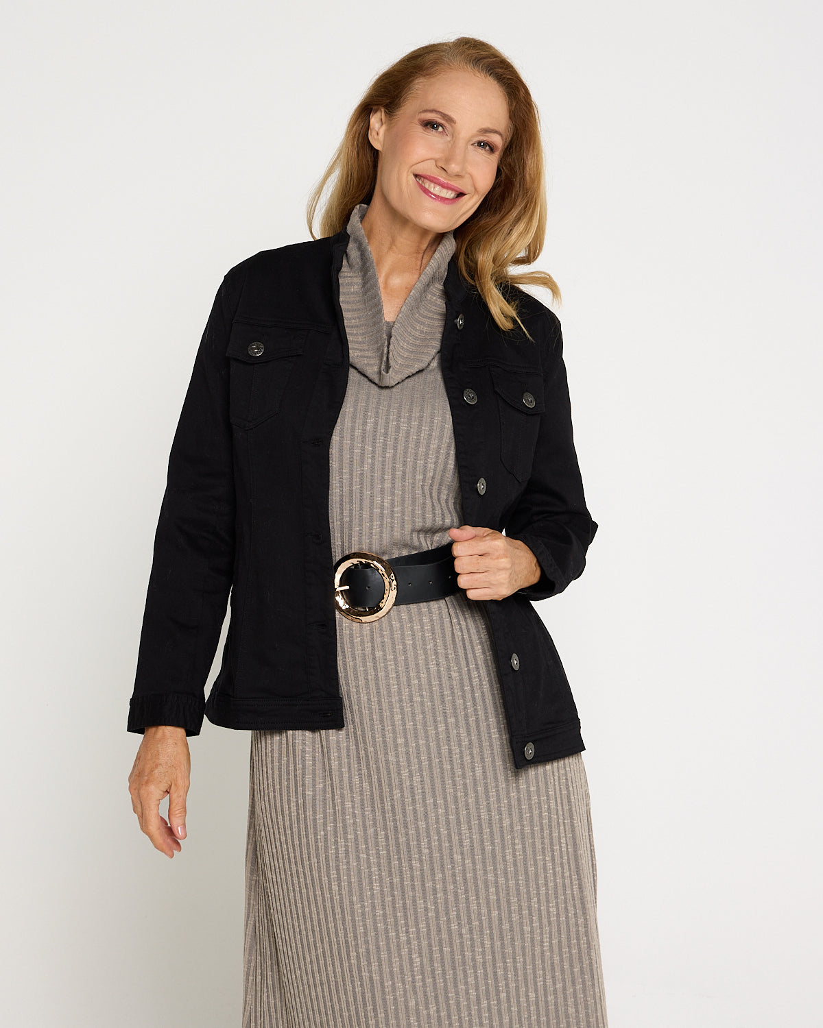 jean jacket with black dress Black Cafe Latte Mandarin Collar Long Length Jean Jacket w/ Pockets – TULIO  Fashion